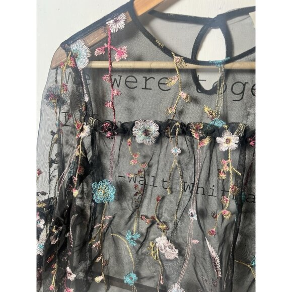 Black Sheer Top Blouse Women’s XSmall Floral Embroidered Balloon Sleeve. Q - Picture 2 of 4